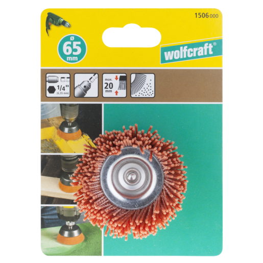 Wolfcraft Naylon Tel Kap Fırça, Sert (Kırmızı) Ø65mm - Altıgen Şaft